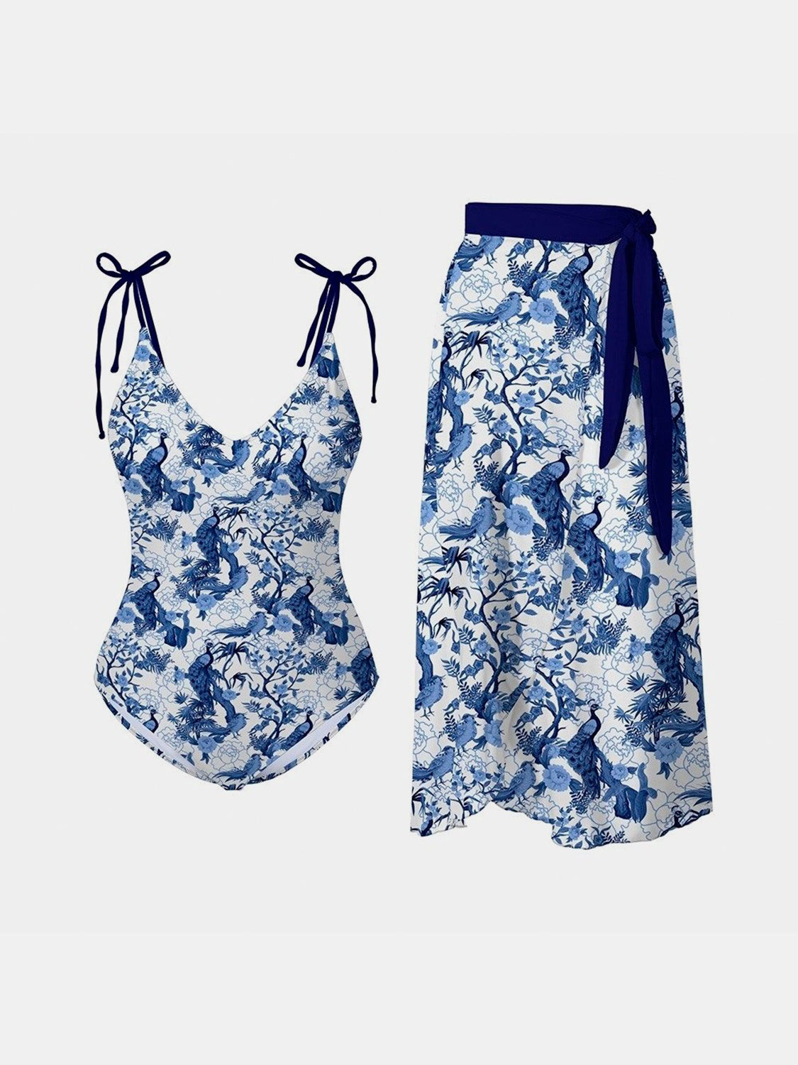 Printed Tie Shoulder Swimwear and Skirt Swim Set